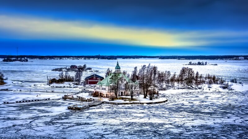 Frozen Lake with Buildings