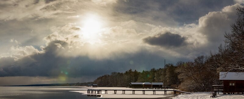 Frozen Lake with Cabins — Gray
