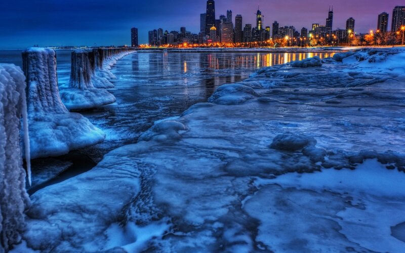 Frozen Lake with City Skyline — Blue, Cold