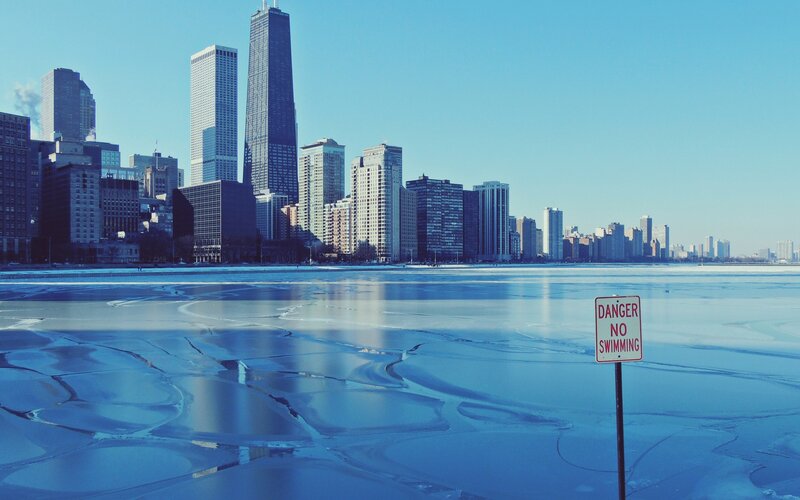 Frozen Lake with City Skyline — Blue, Cold, Winter