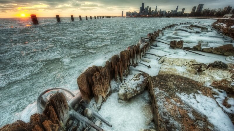 Frozen Lake with City Skyline — Blue, Dramatic