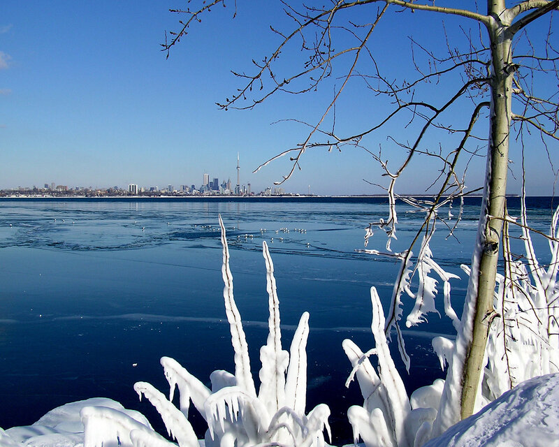 Frozen Lake with City Skyline — Blue