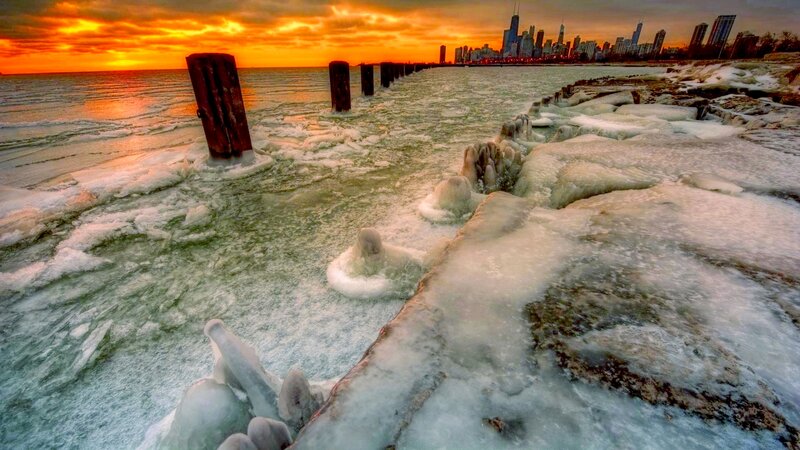 Frozen Lake with City Skyline — Orange, Dramatic