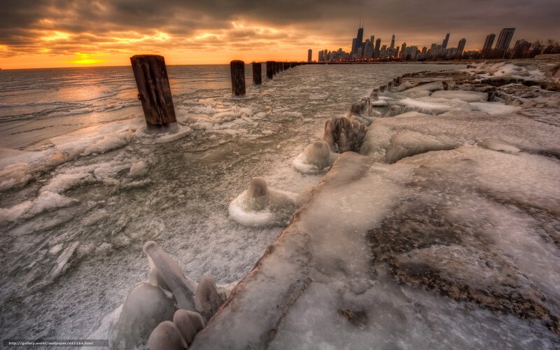 Frozen Lake with City Skyline — Orange, Dramatic, Winter