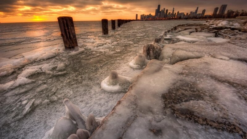 Frozen Lake with City Skyline — Orange