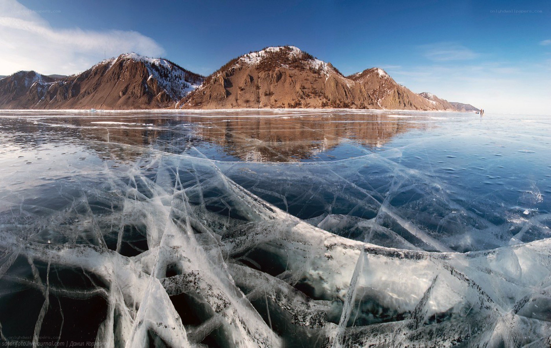Frozen lake with cracked ice