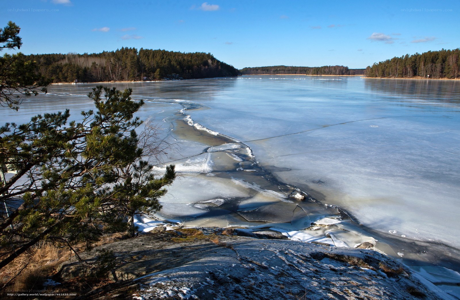 Frozen lake with cracked ice
