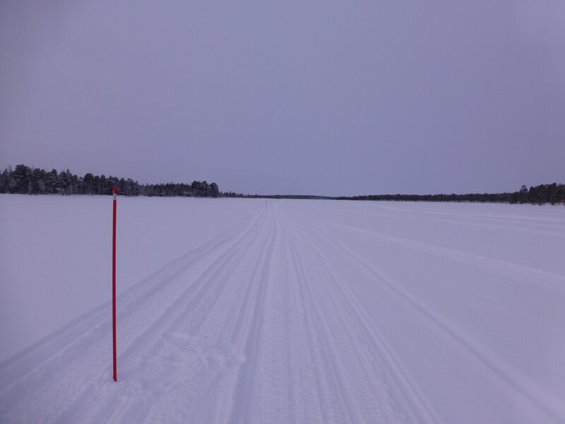 Frozen lake with cross-country ski tracks