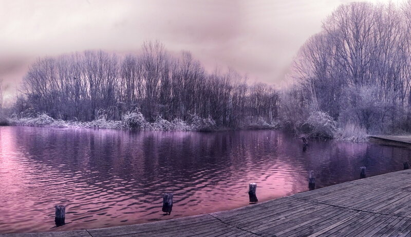 Frozen Lake with Dock — Purple, Serene, Winter