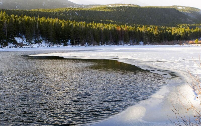 frozen lake with forest backdrop