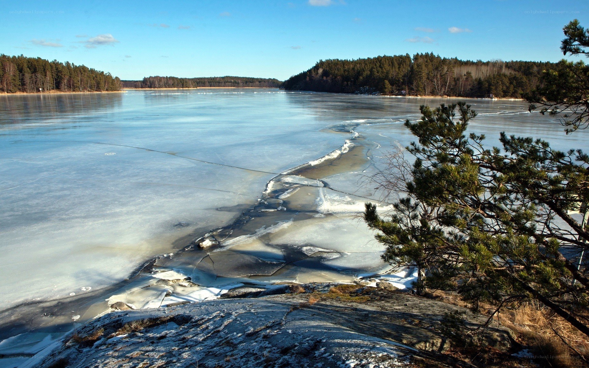 Frozen lake with ice breakup