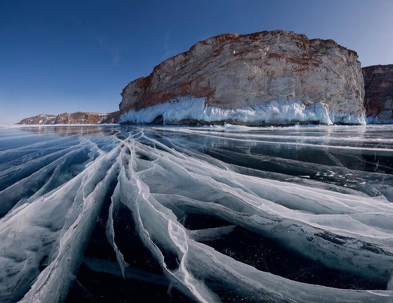 Frozen Lake with Ice Cracks — Blue, Dramatic