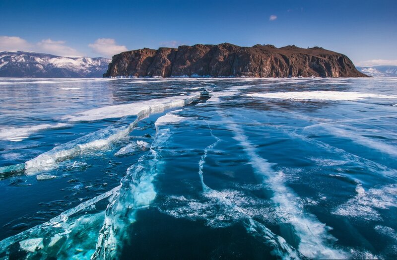 Frozen Lake with Island — Blue, Serene