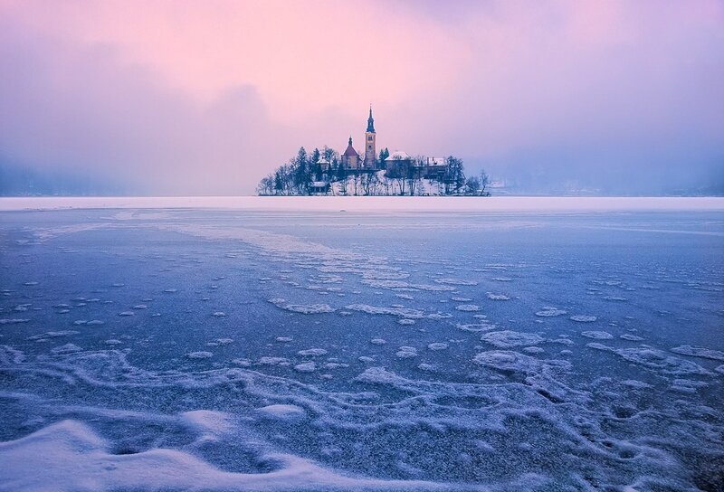 Frozen Lake with Island Church