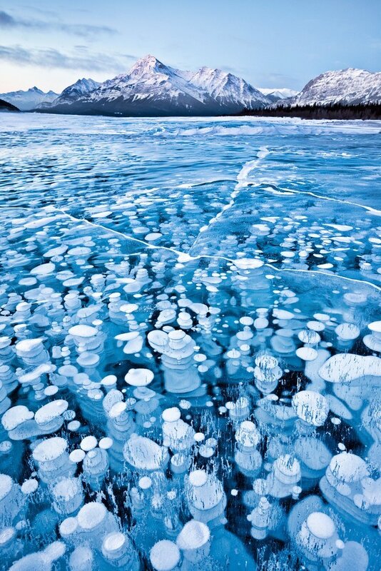 Frozen lake with methane bubbles