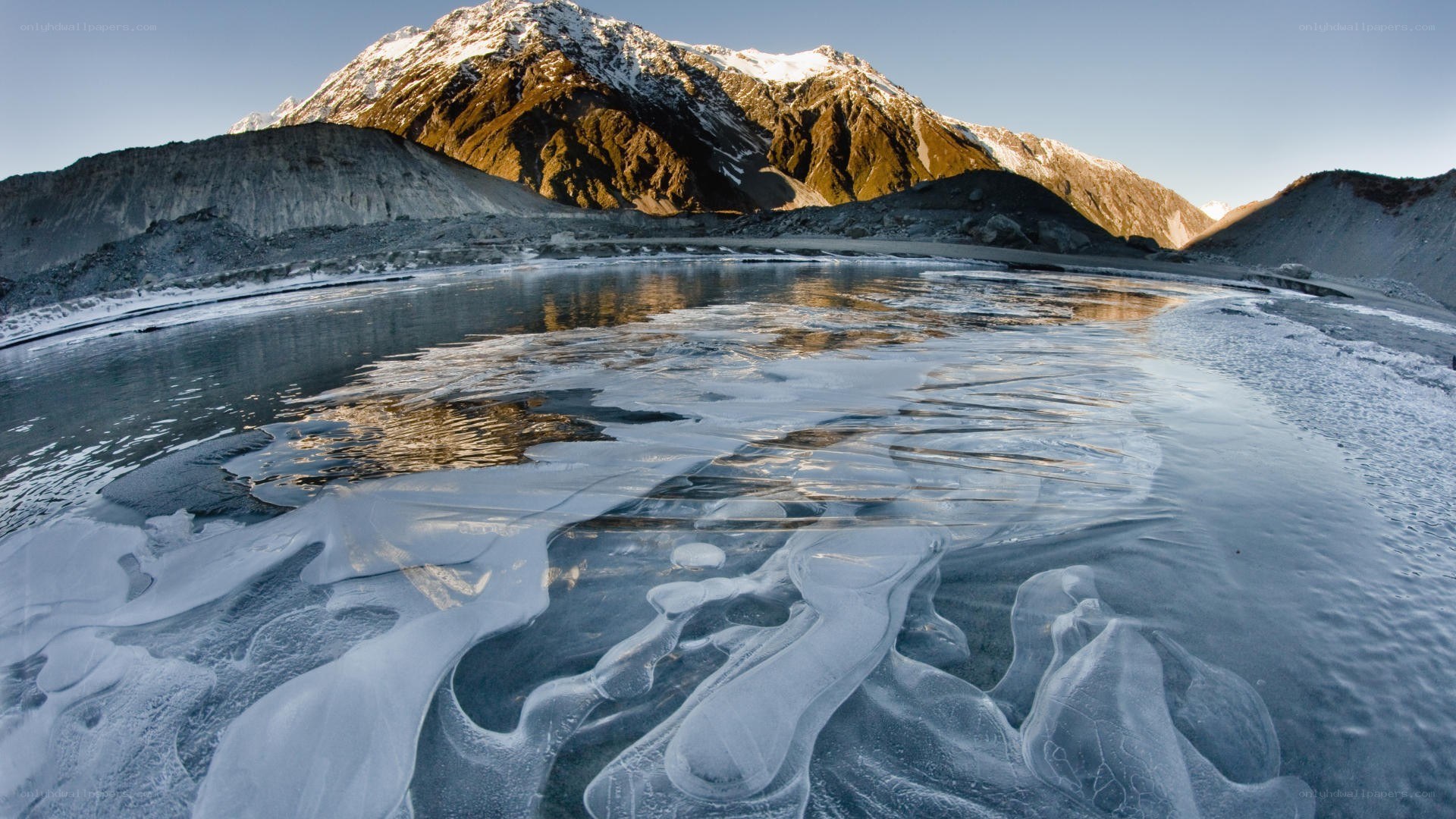 Frozen lake with mountain backdrop