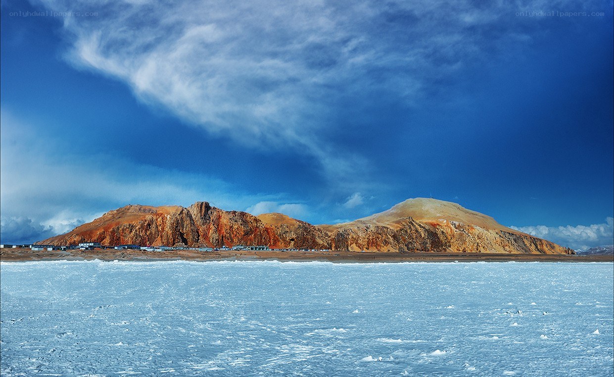 Frozen lake with mountain backdrop