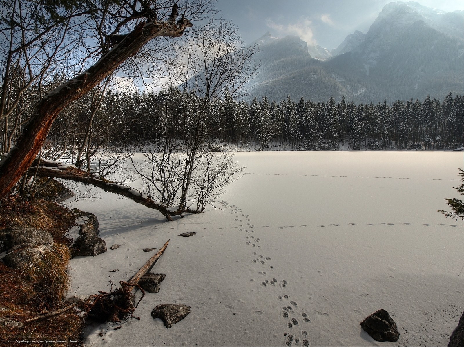 Frozen lake with mountain backdrop