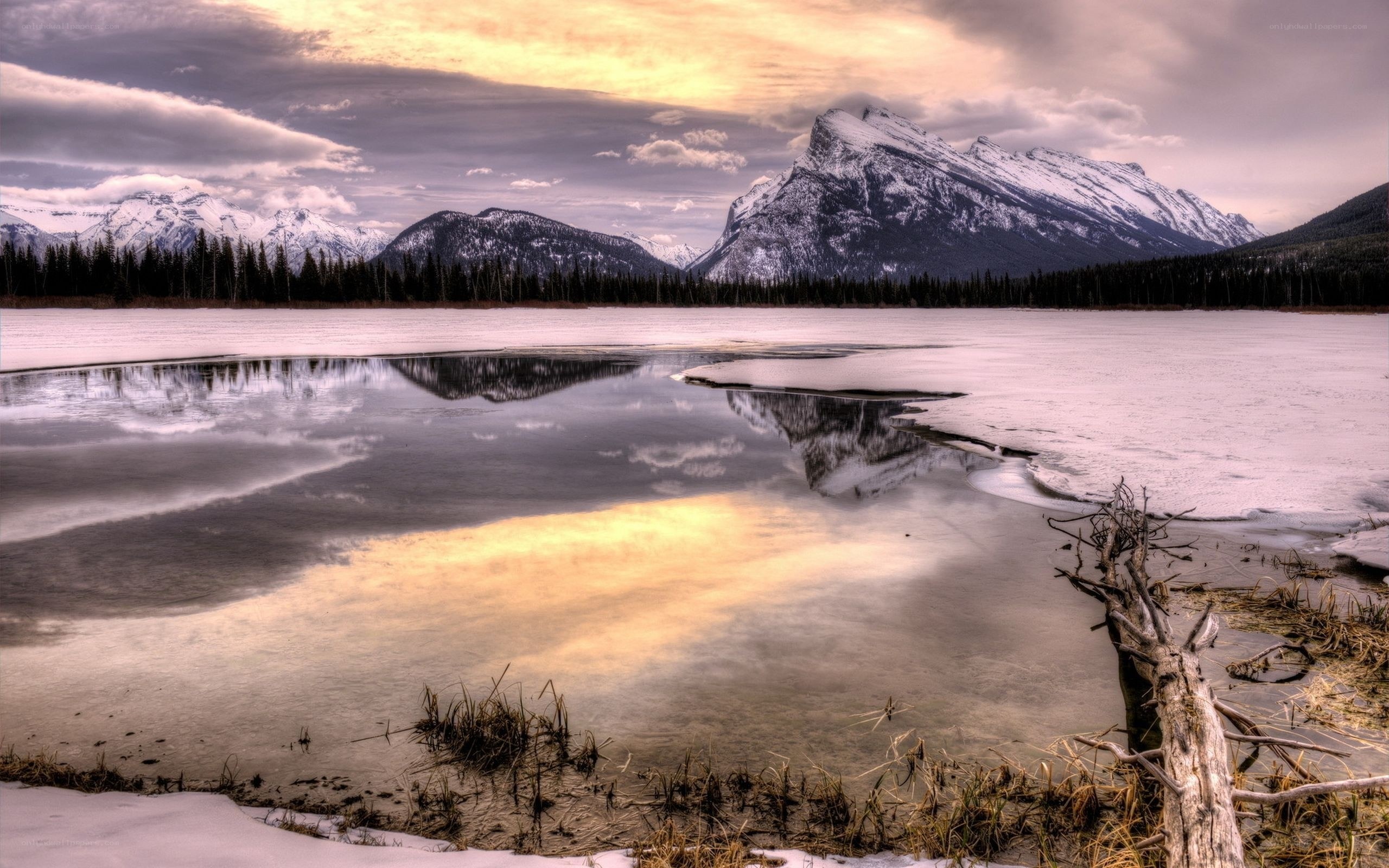 Frozen lake with mountain reflection