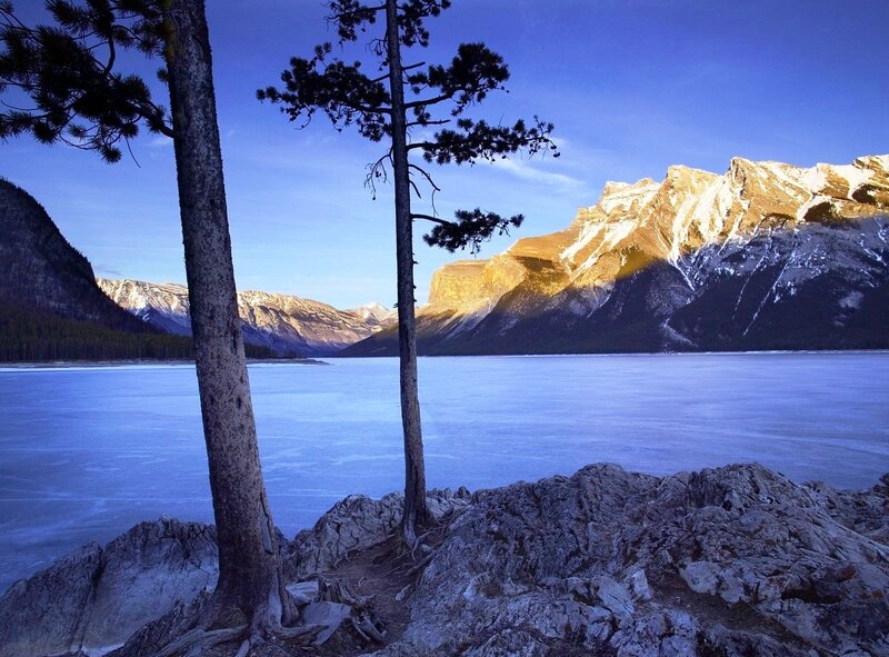 Frozen lake with mountains