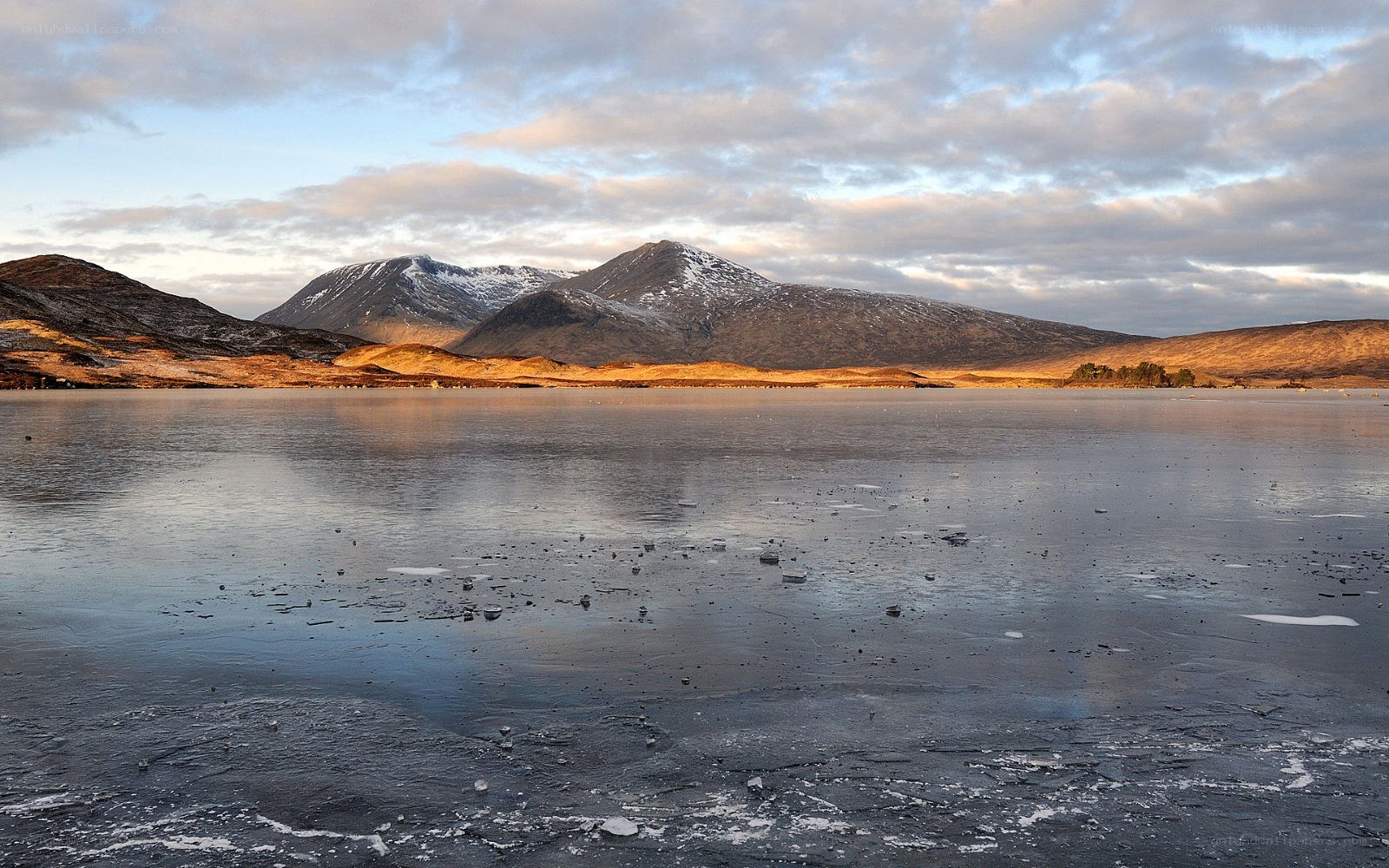 frozen lake with mountains