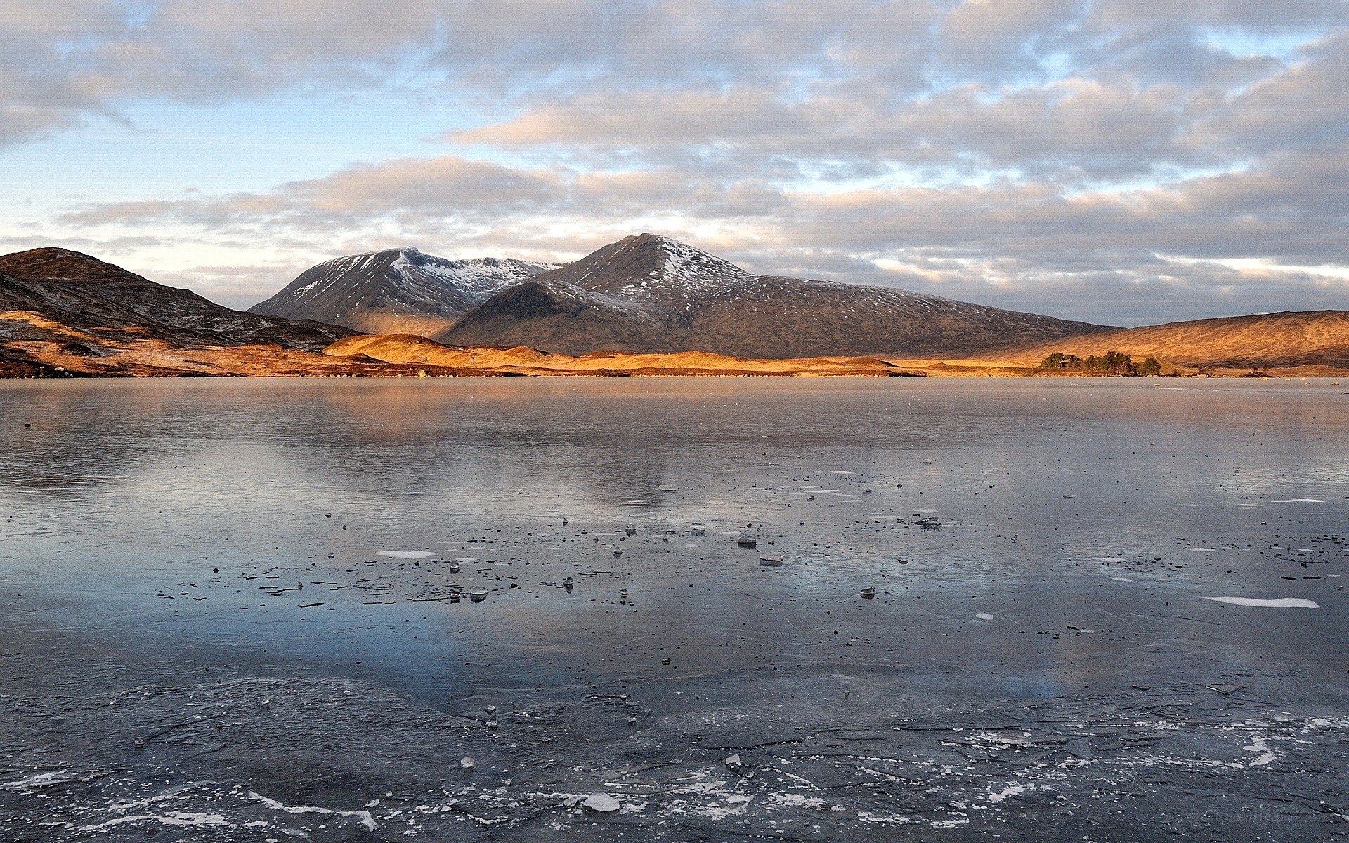 frozen lake with mountains