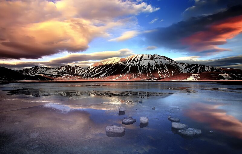 Frozen Lake with Mountains — Blue, Dramatic, Sunset