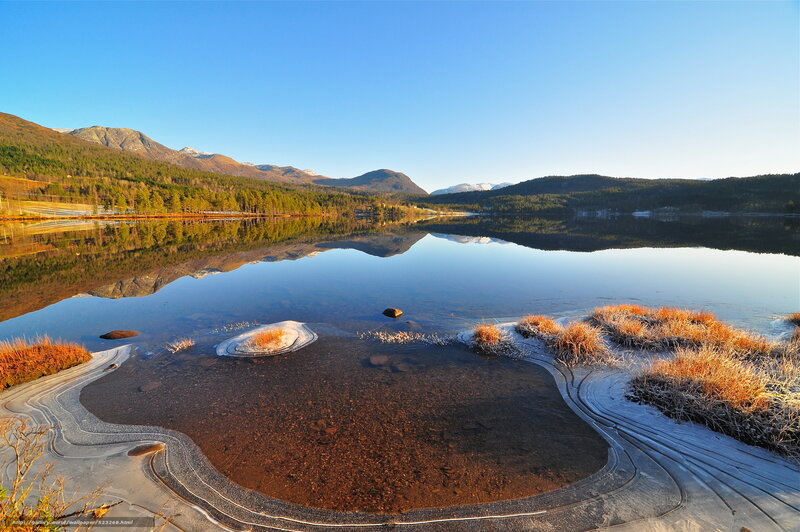 Frozen Lake with Mountains — Blue, Serene, Morning, Photograph, Trees, Ice
