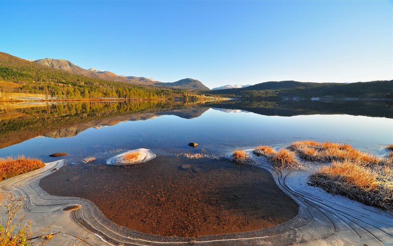 Frozen Lake with Mountains — Blue, Serene, Morning