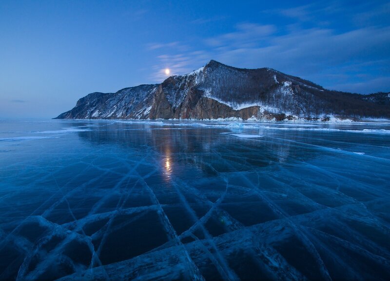 Frozen Lake with Mountains — Blue, Serene, Night