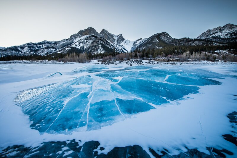 Frozen Lake with Mountains — Blue, Serene, Winter, Photograph, Snow, Trees