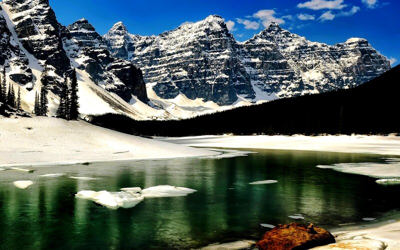 Frozen Lake with Mountains — Blue, Serene, Winter, Photograph