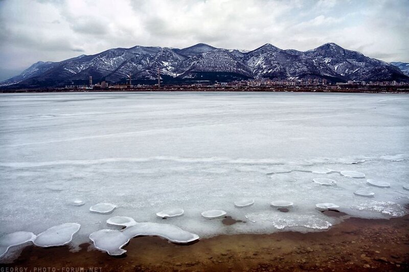 Frozen Lake with Mountains — White