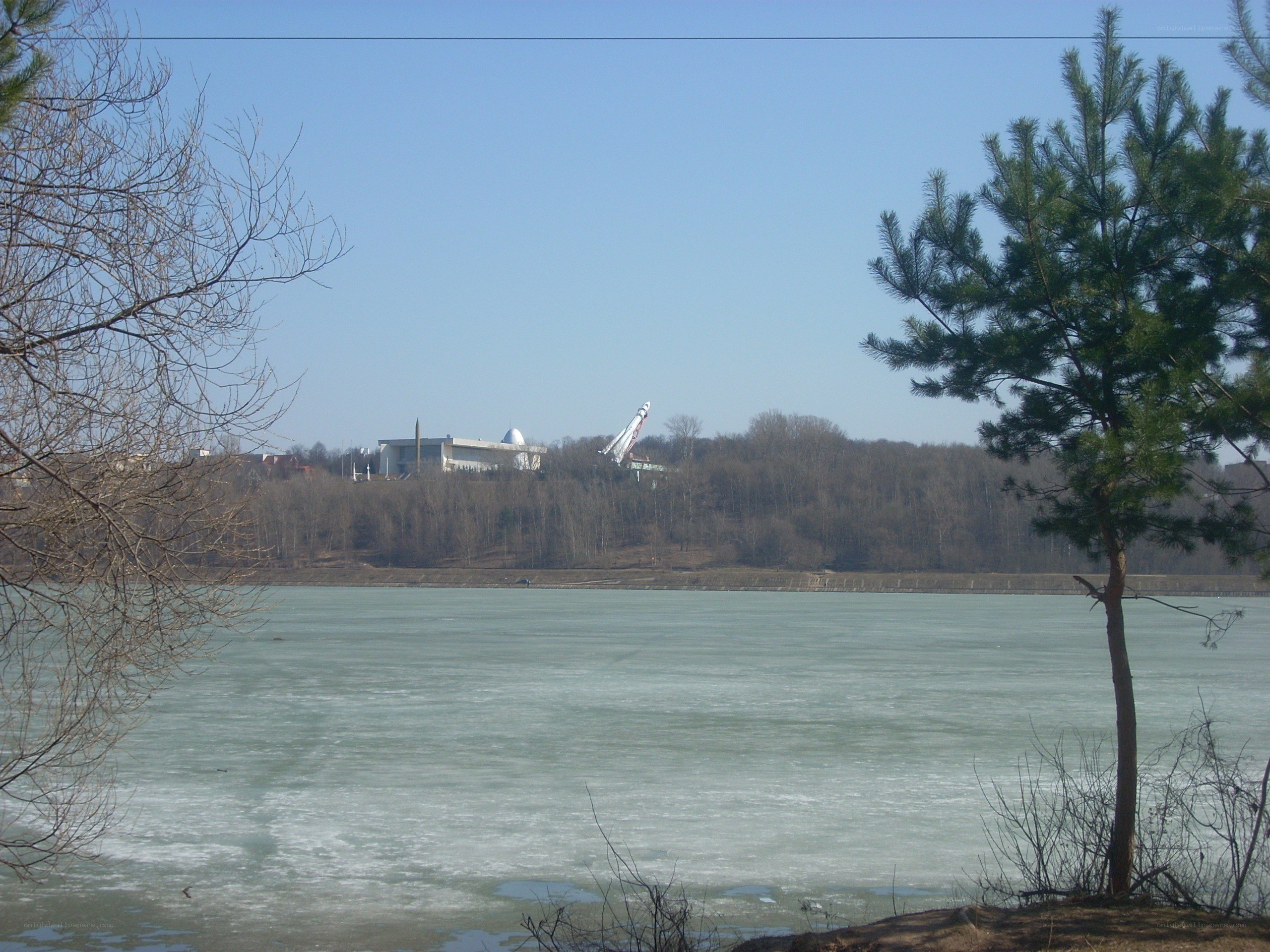 Frozen lake with rocket display