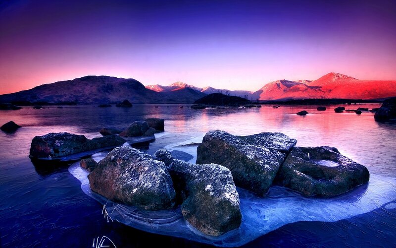 Frozen Lake with Rocks — Purple, Dramatic, Sunset