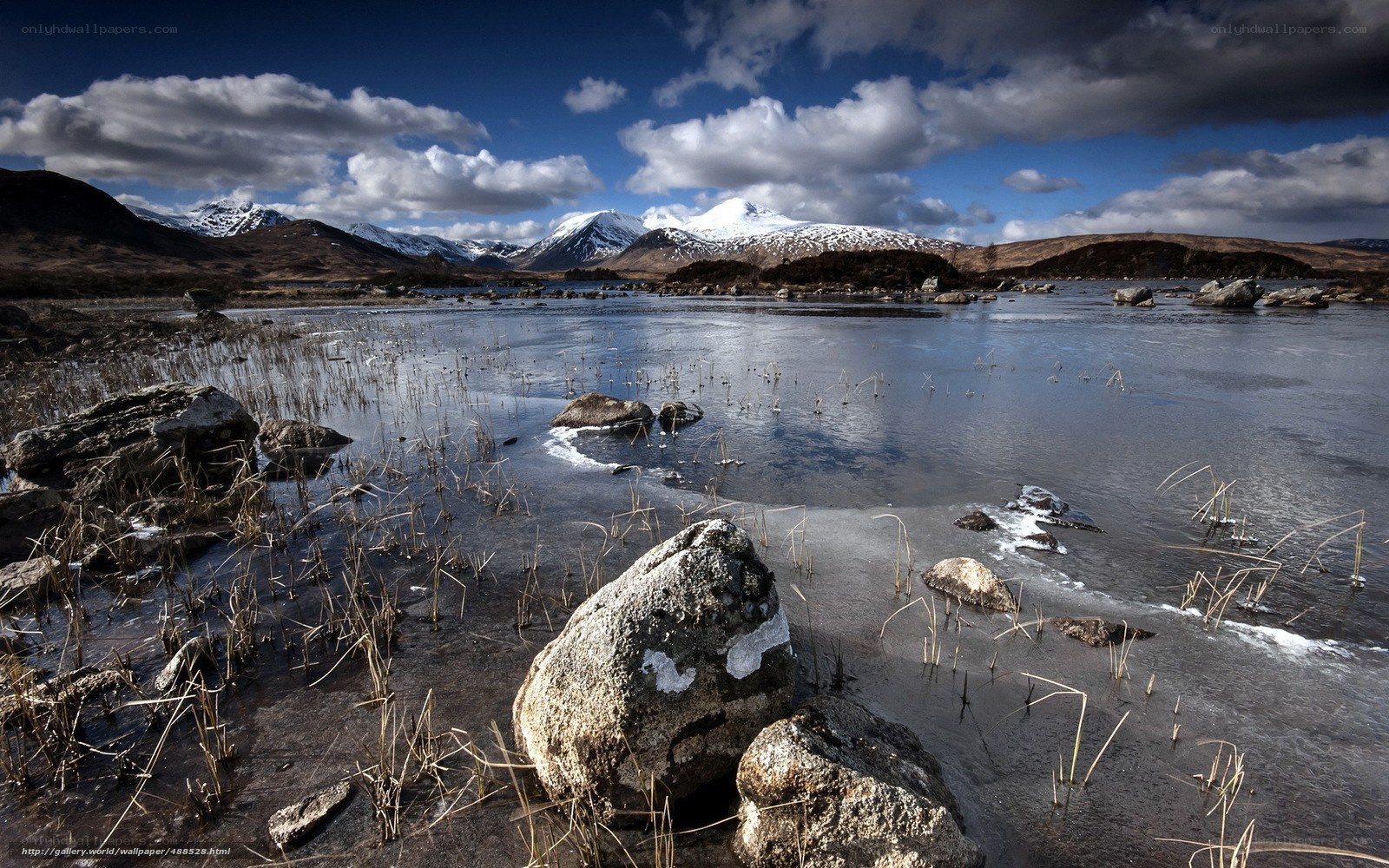Frozen lake with snow-capped mountains