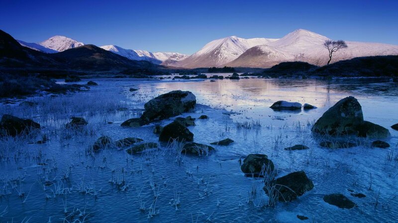 frozen lake with snow-capped mountains