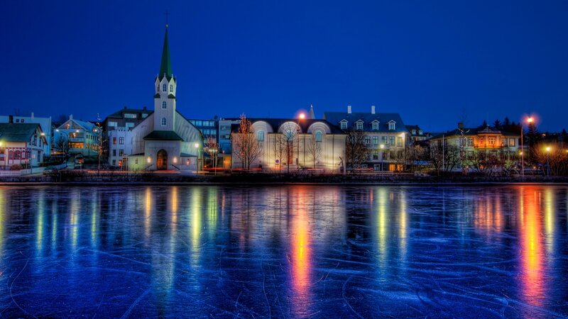 Frozen Lake with Town