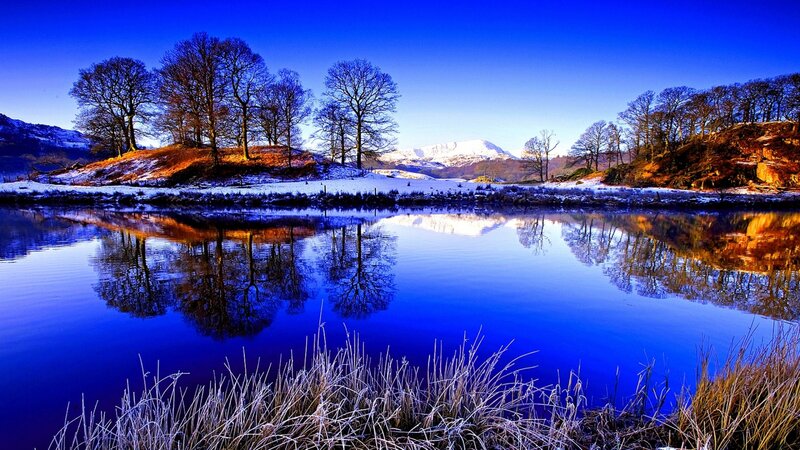 Frozen Lake with Trees — Blue, Serene, Winter, Photograph, Mountains, Snow