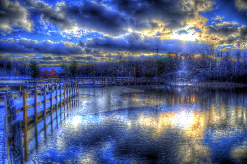 Frozen Lake with Wooden Dock — Blue