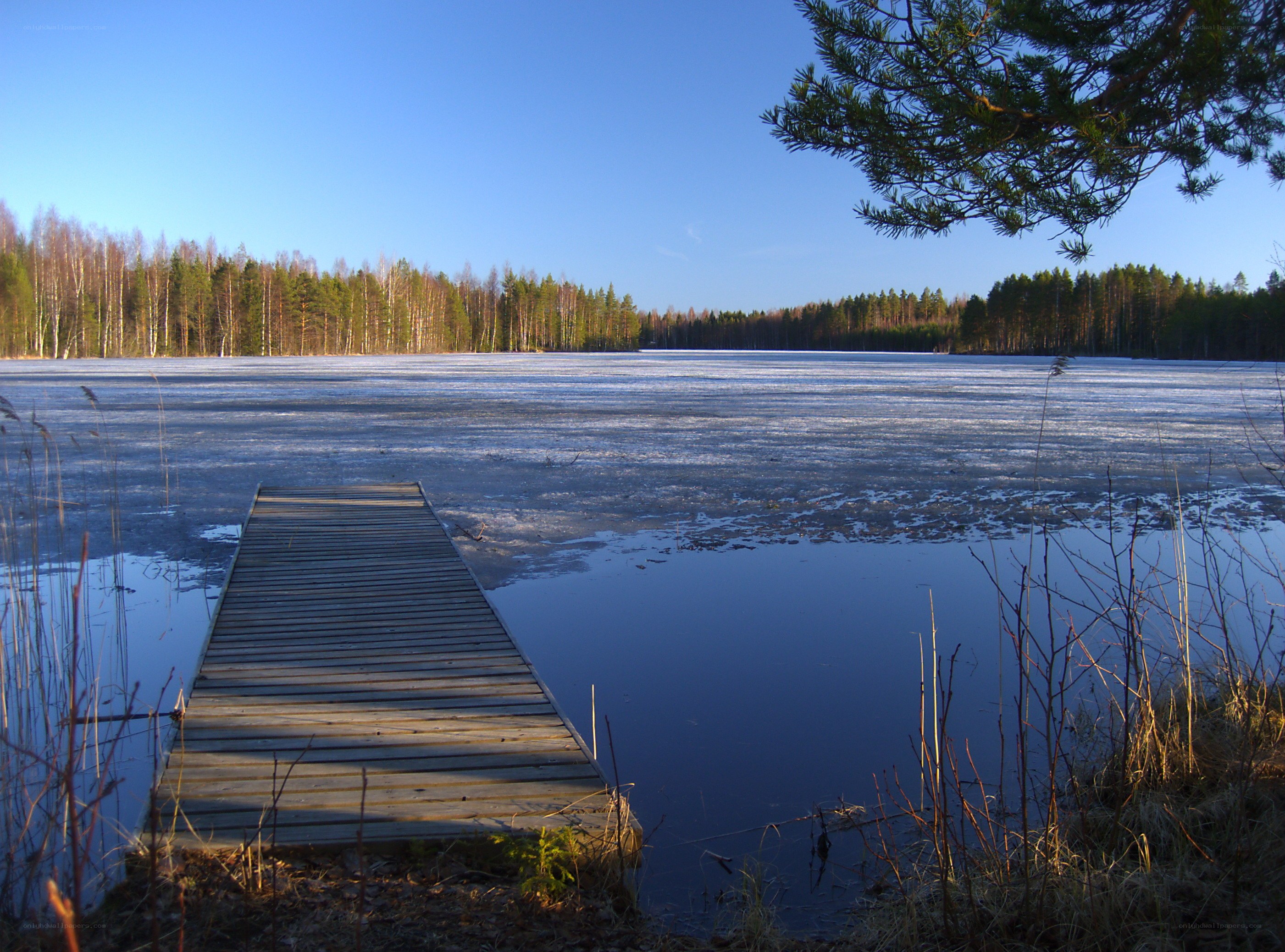 Frozen lake with wooden dock