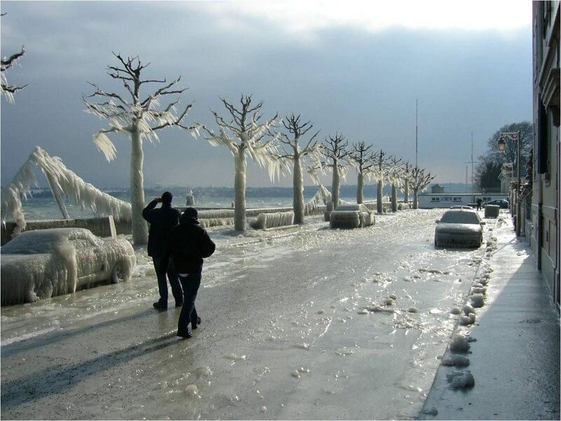 Frozen lakefront scene