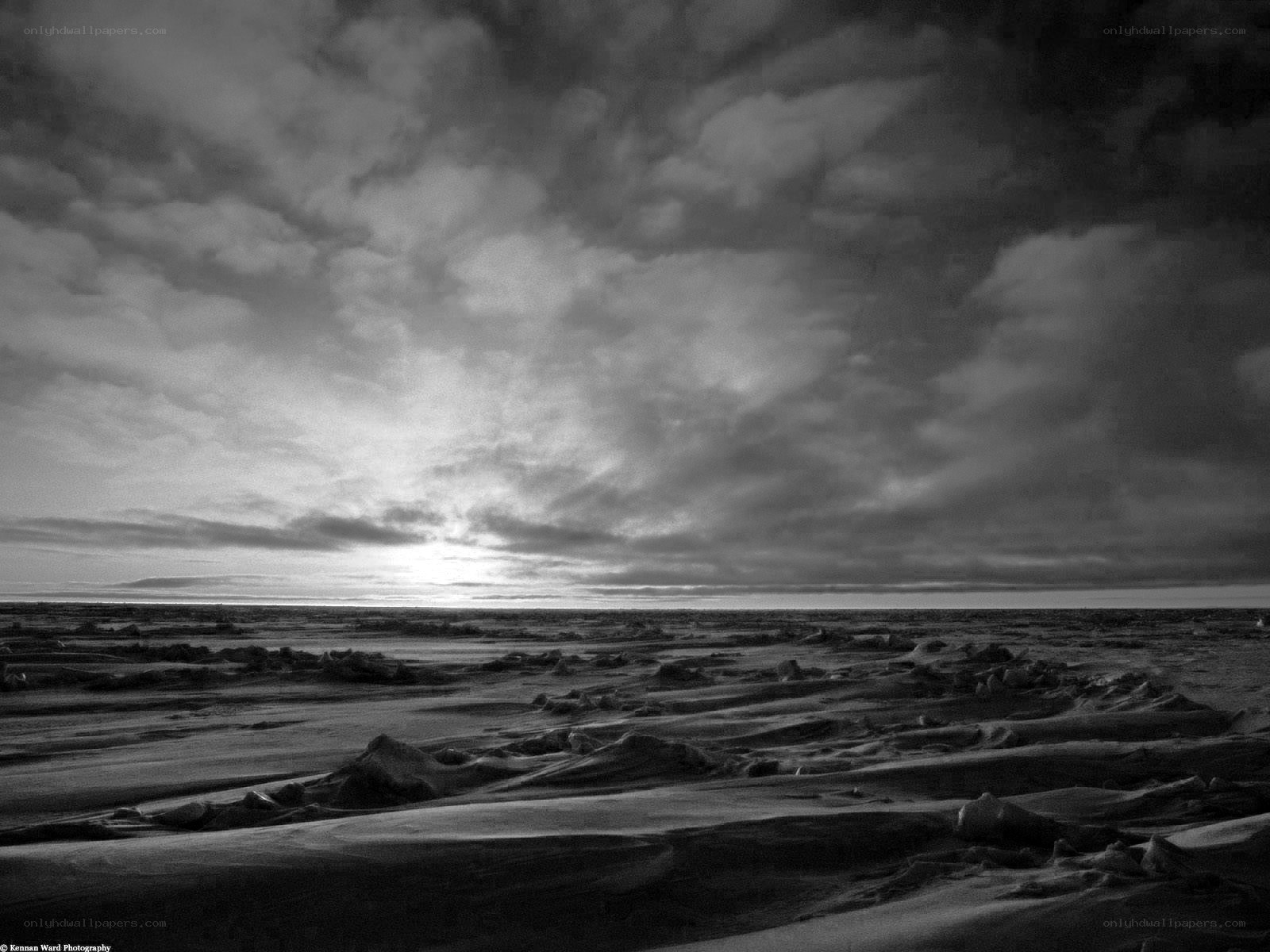 Frozen landscape under cloudy sky