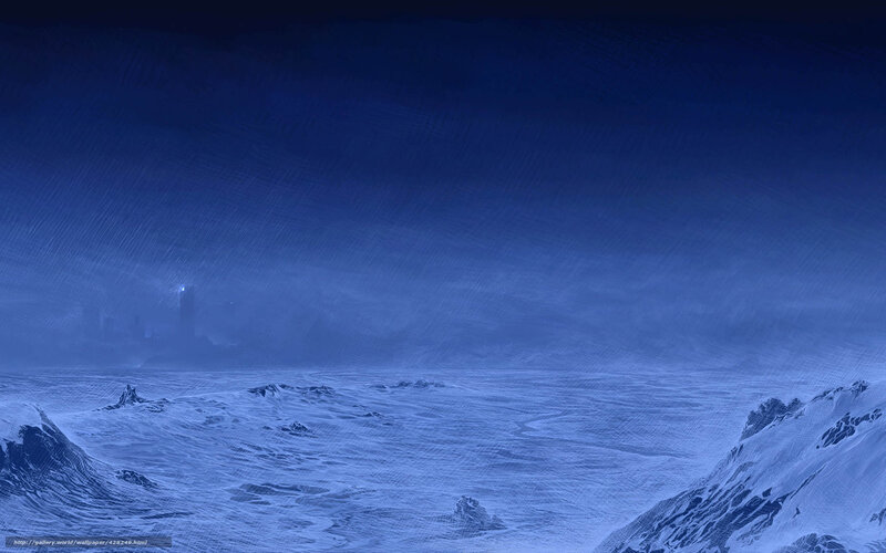 frozen landscape with distant city