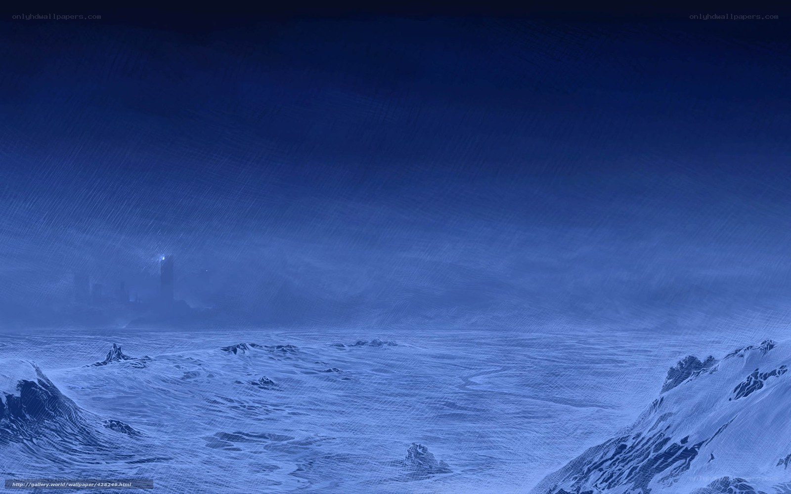 frozen landscape with distant city