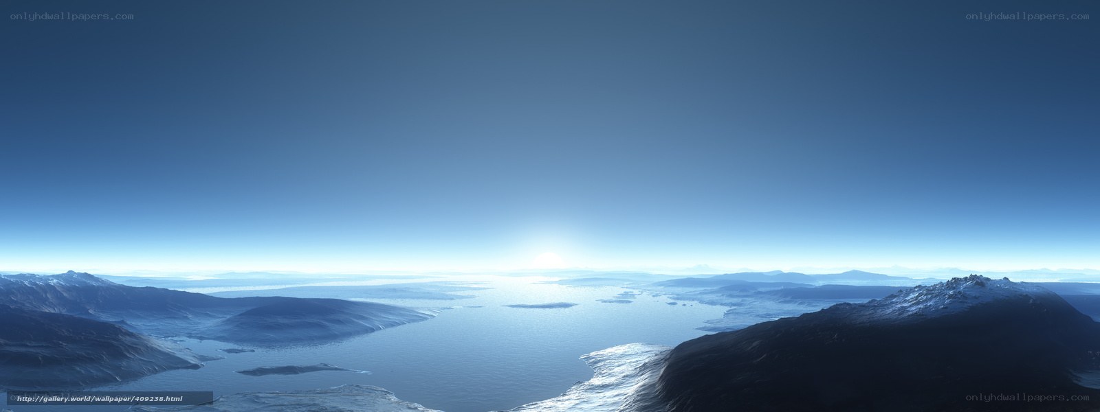 Frozen landscape with sunlit sea