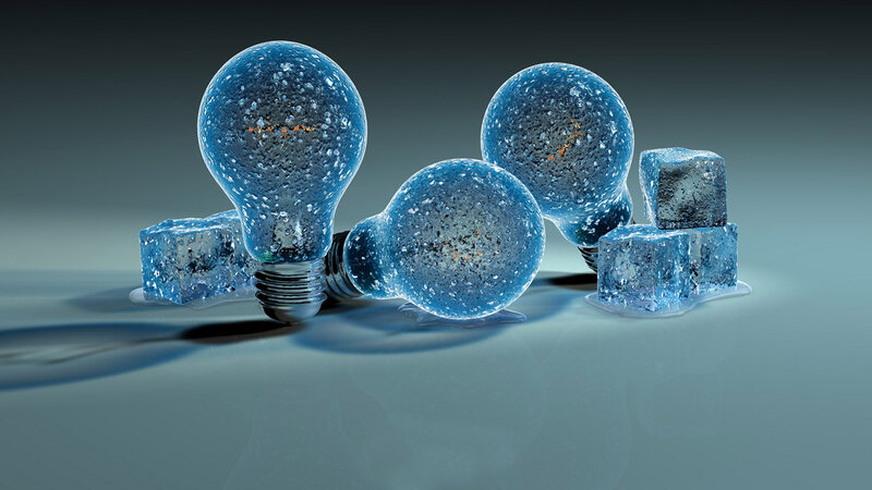 Frozen Light Bulbs — Blue, Cold, 3d Render, Ice Cubes, Light Bulbs