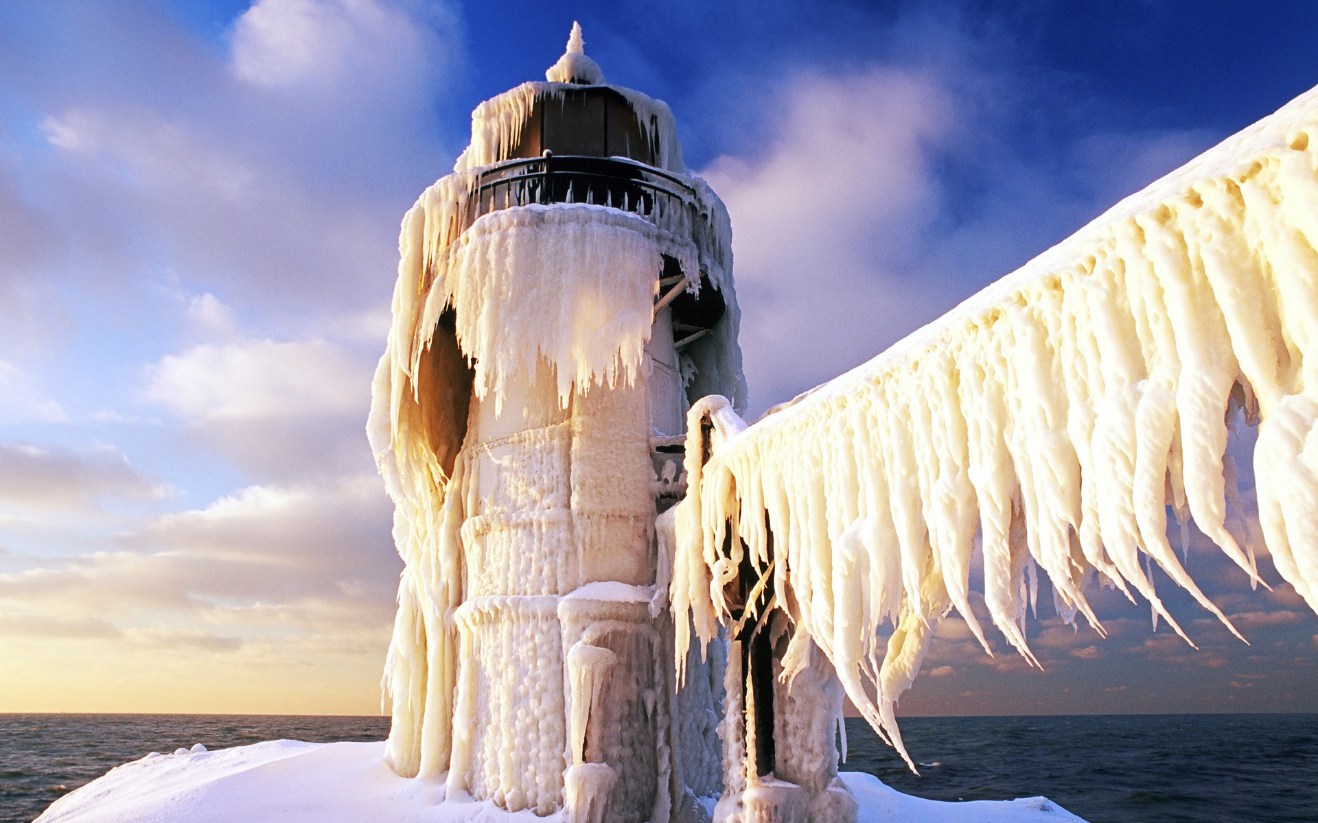 Frozen lighthouse on a winter day
