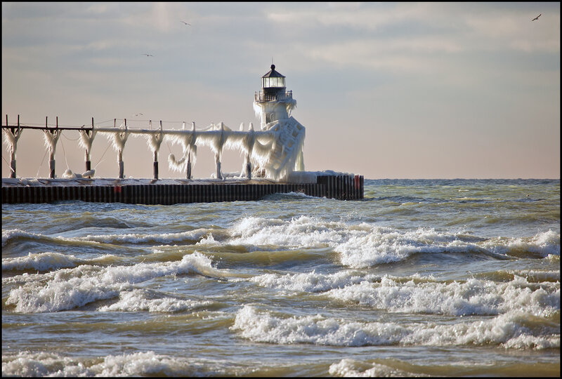 Frozen Lighthouse on Pier