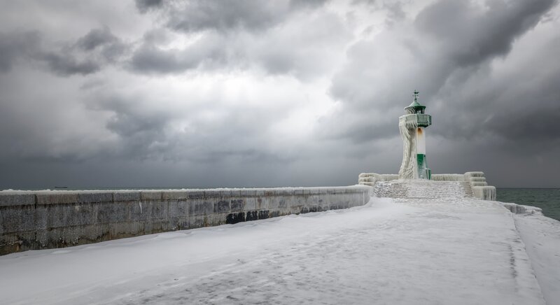 Frozen Lighthouse on Pier — White